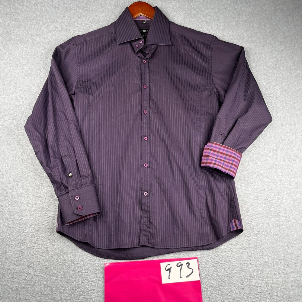 Stone Rose Black Rivet Collection Shirt M Purple Stiped Button Up Long Sleeve